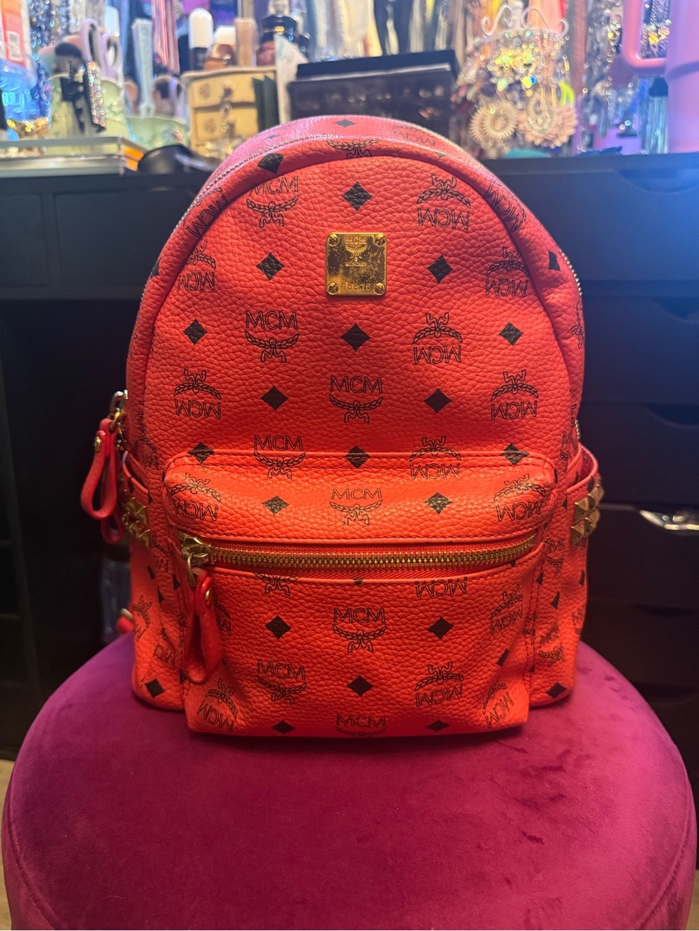 MCM Red Logo Monogram Mini Backpack with Gold Hardware